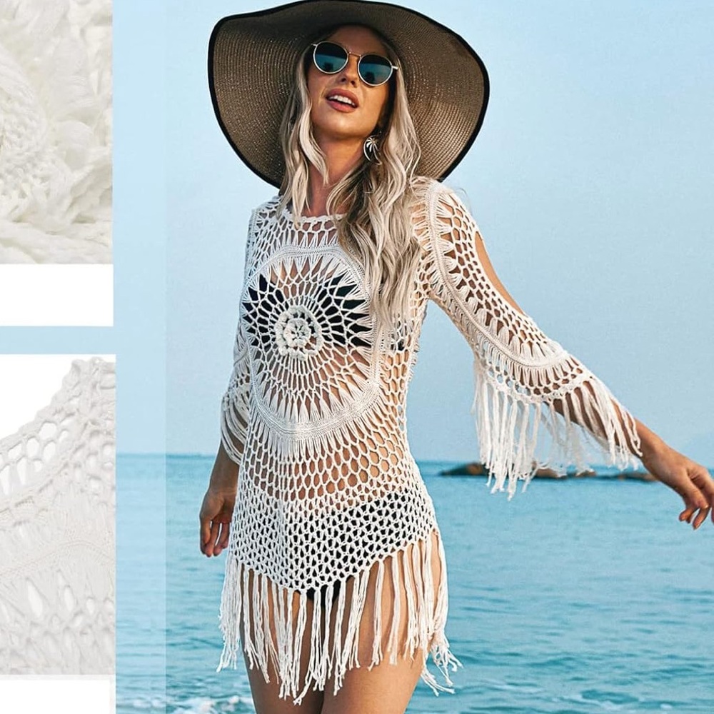 White Boho Crochet Swimsuit Cover Up w/ Fringe, Size M/L